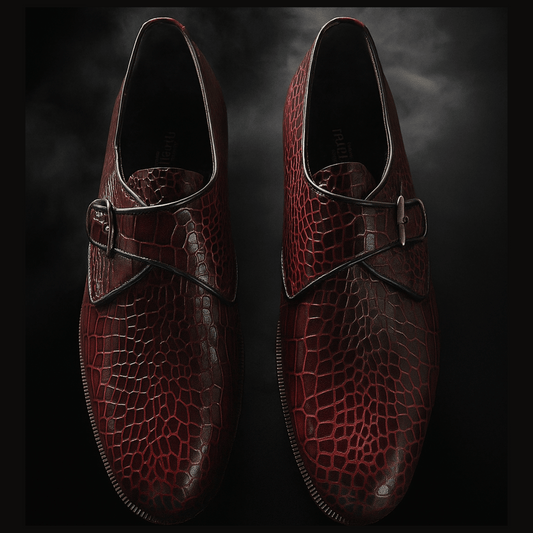 Burgundy Croc-Embossed Monk Strap Shoes with Double leather sole