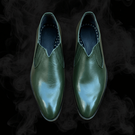 Olive Green Leather Slip-On Shoes with Double Leather Sole