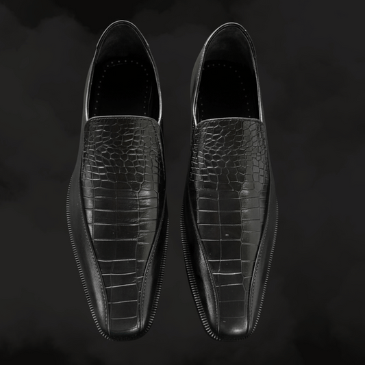 Black Croc-Embossed Leather Shoes with Double Leather Sole