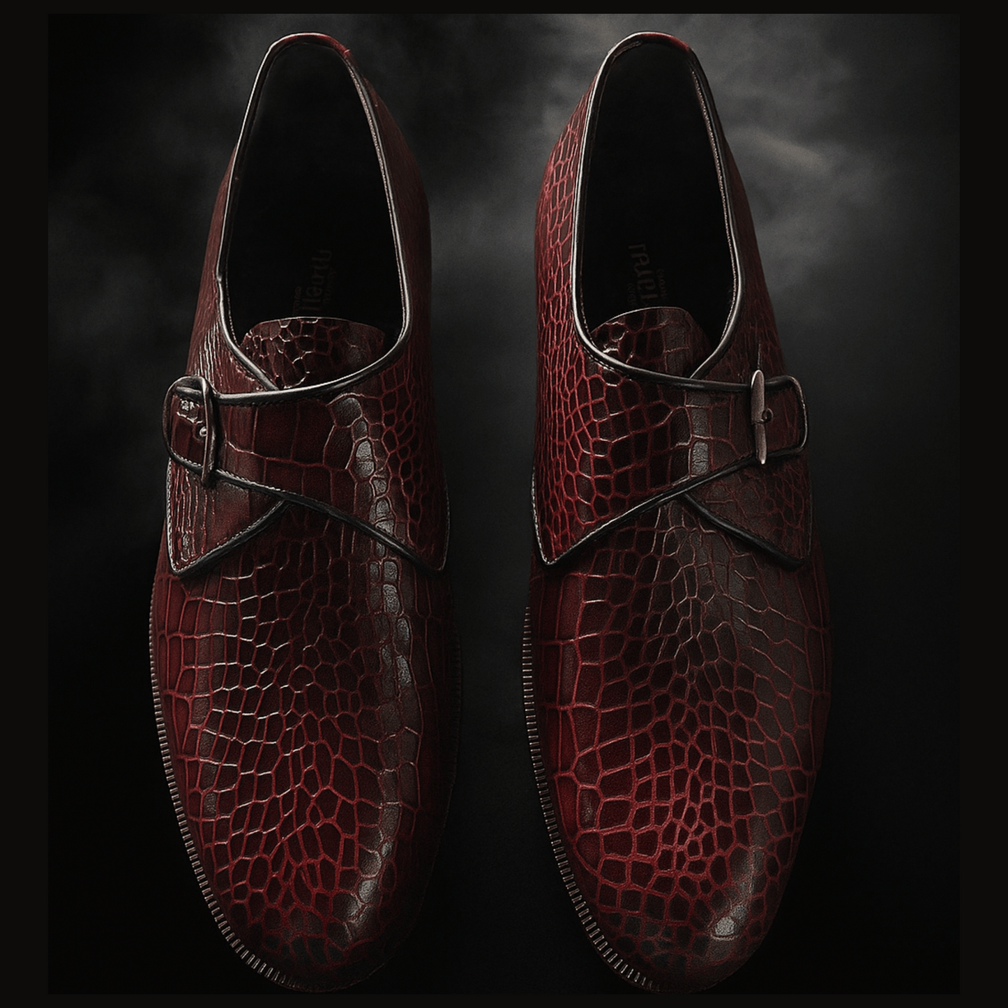 Burgundy Croc-Embossed Monk Strap Shoes with Double leather sole