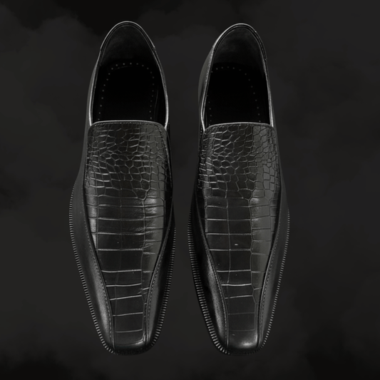 Black Croc - Embossed Leather Shoes with Double Leather Sole - Ahmedandco