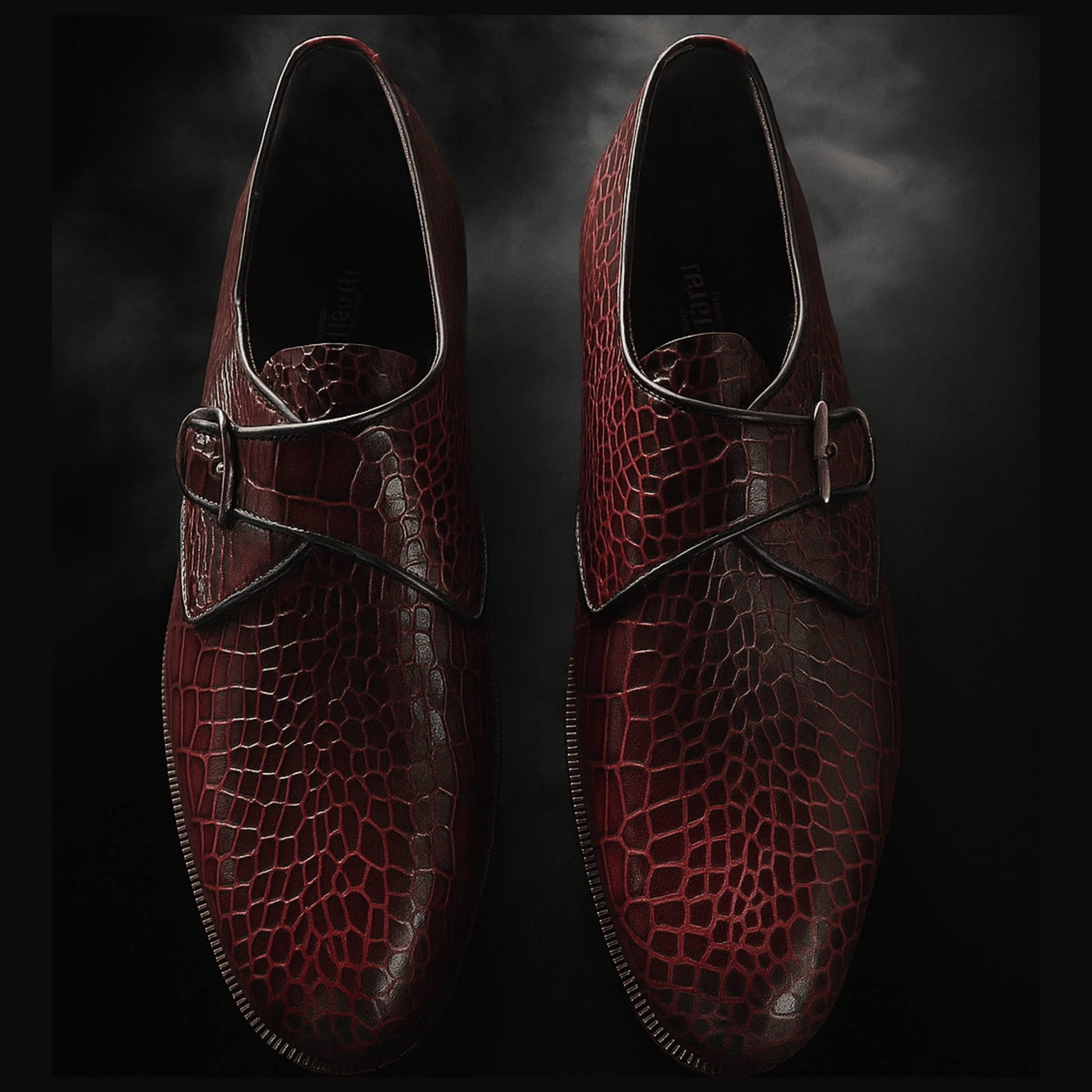 Burgundy Croc - Embossed Monk Strap Shoes with Double leather sole - Ahmedandco