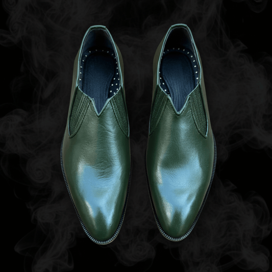 Olive Green Leather Slip - On Shoes with Double Leather Sole - Ahmedandco